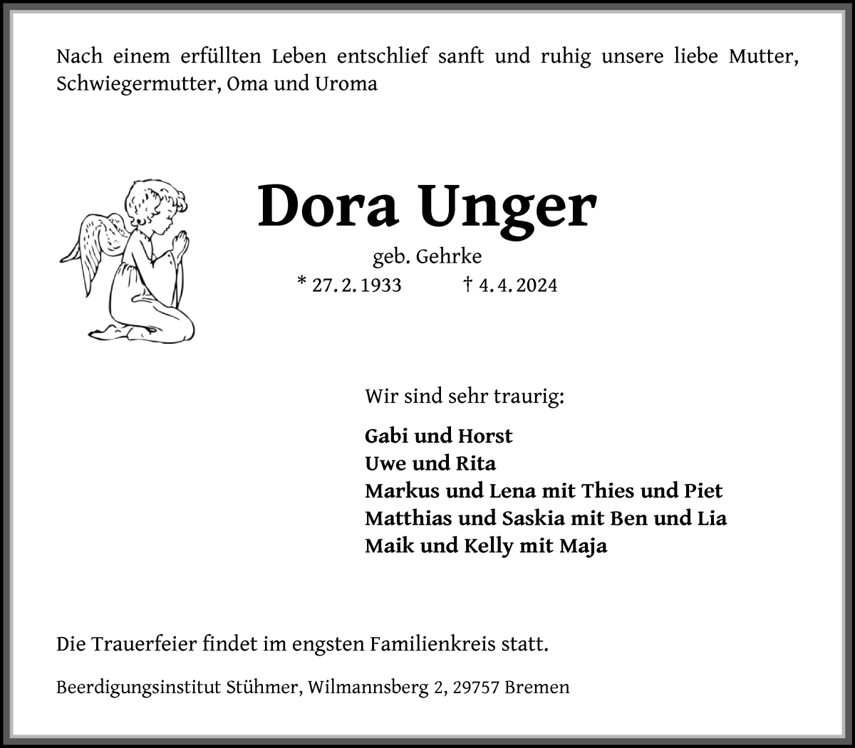 Traueranzeige von Dora Unger von Die Norddeutsche