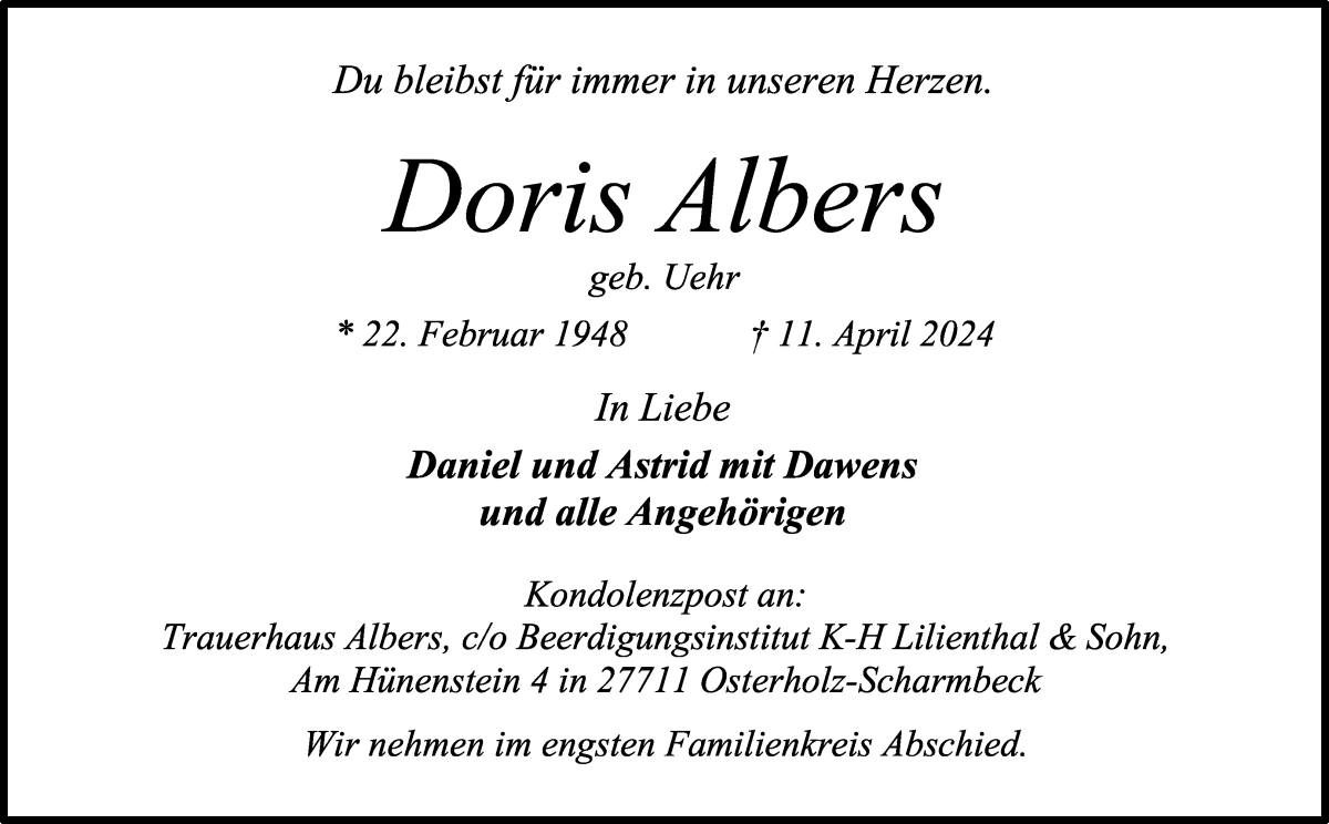 Traueranzeige von Doris Albers von Osterholzer Kreisblatt