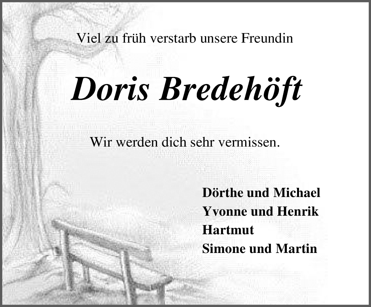 Traueranzeige von Doris Bredehöft von Wuemme Zeitung