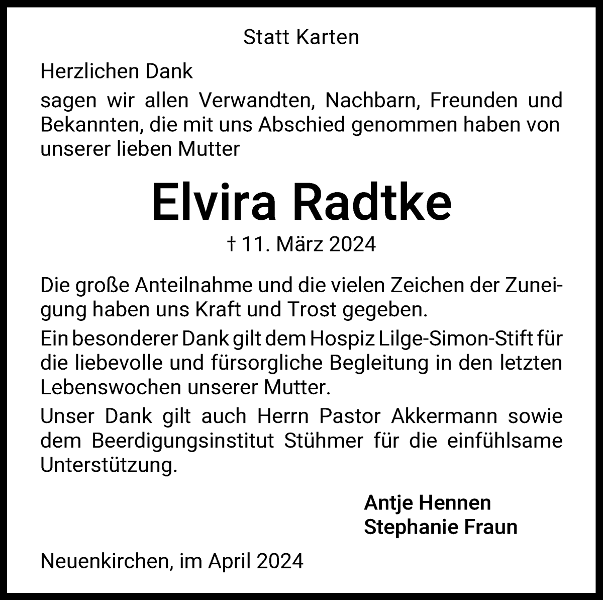 Traueranzeige von Elvira Radtke von Die Norddeutsche