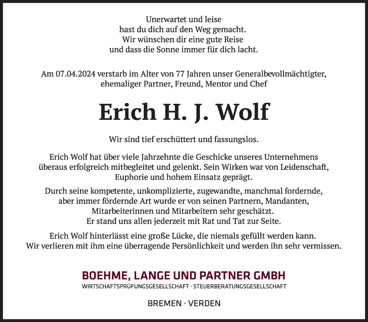 Traueranzeige von Erich H. J. Wolf von WESER-KURIER
