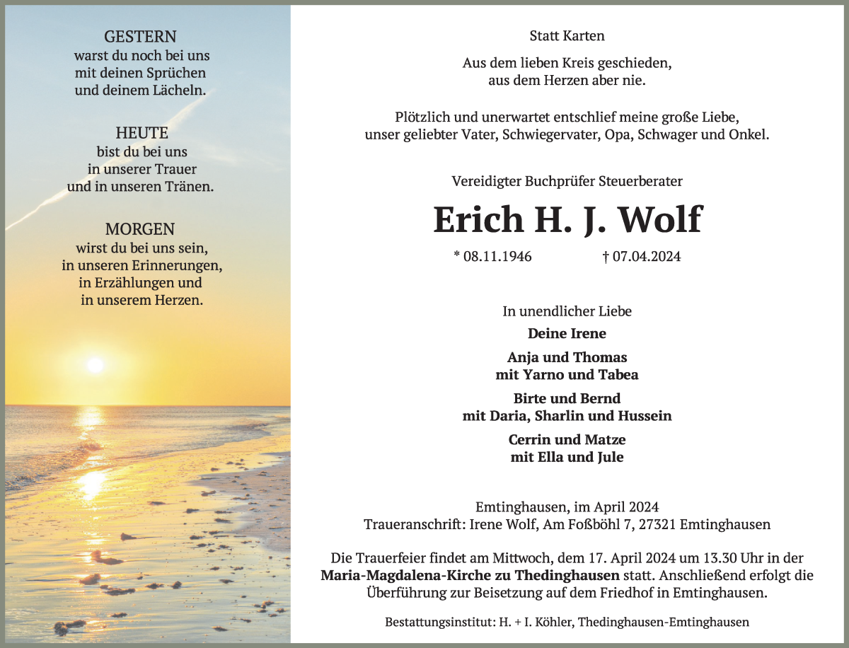 Traueranzeige von Erich H. J. Wolf von WESER-KURIER