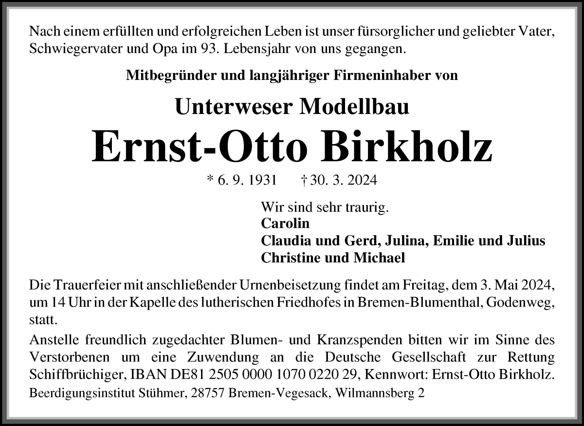 Traueranzeige von Ernst-Otto Birkholz von Die Norddeutsche
