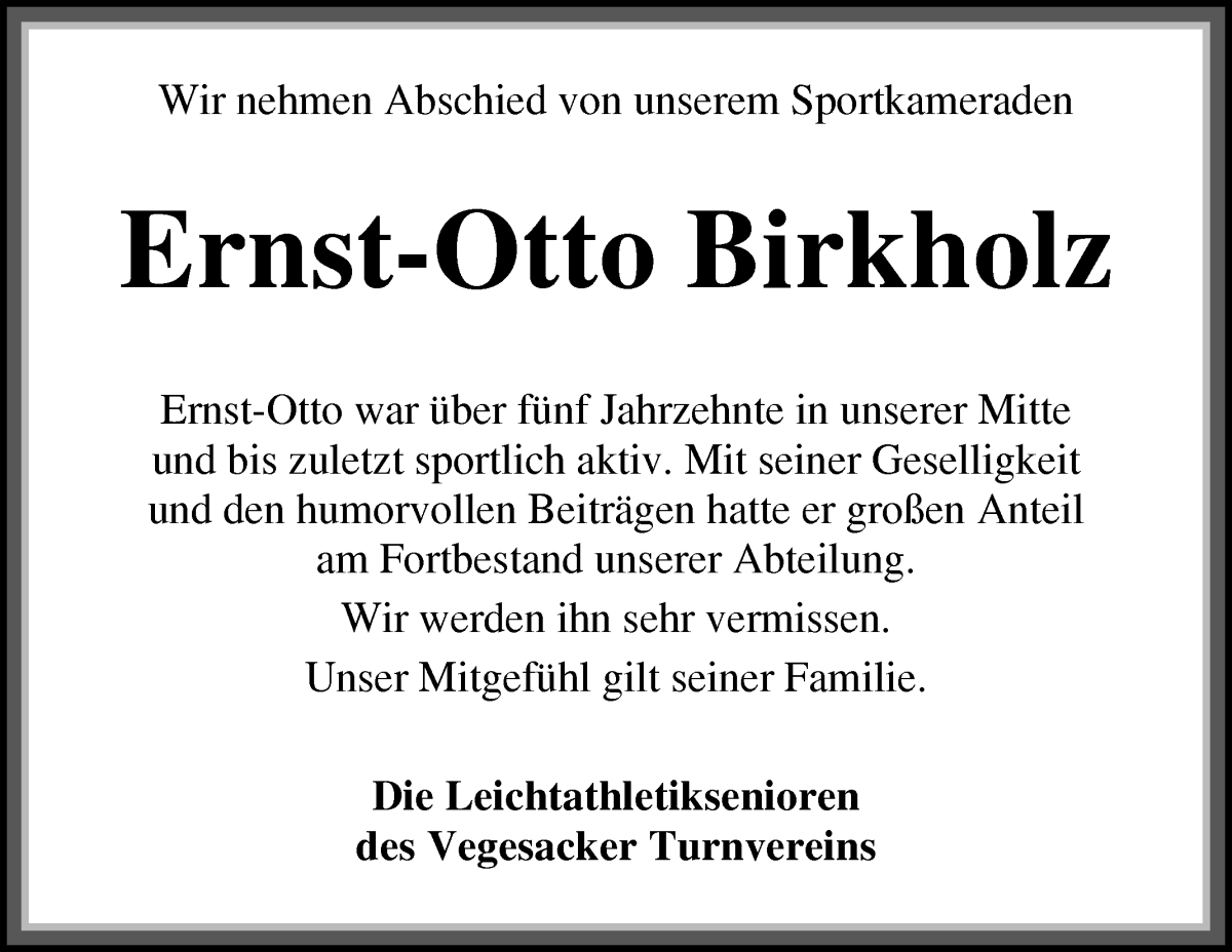 Traueranzeige von Ernst-Otto Birkholz von Die Norddeutsche