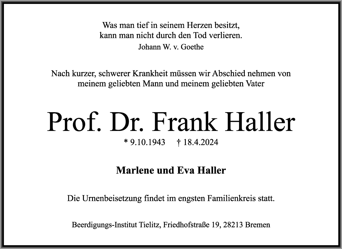 Traueranzeige für Frank Haller vom 27.04.2024 aus WESER-KURIER