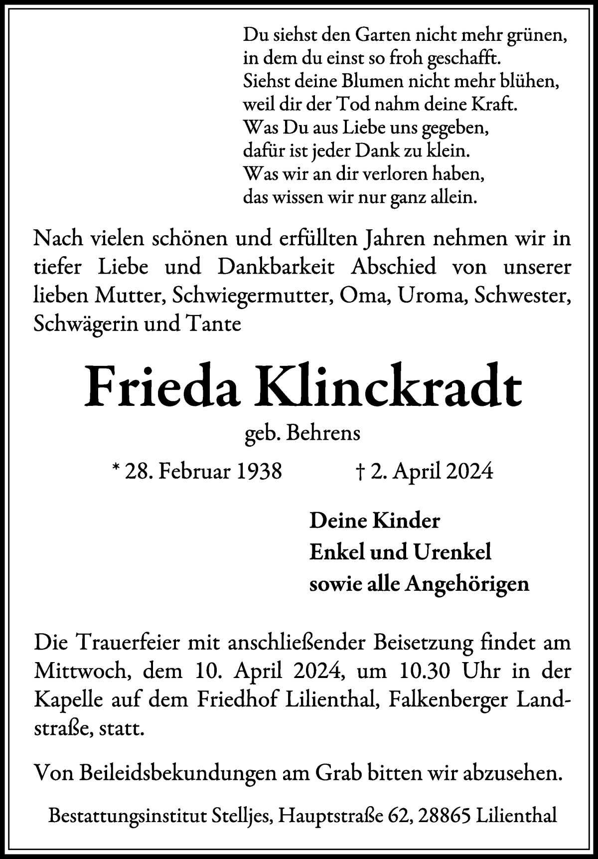 Traueranzeige von Frieda Klinckradt von Wuemme Zeitung