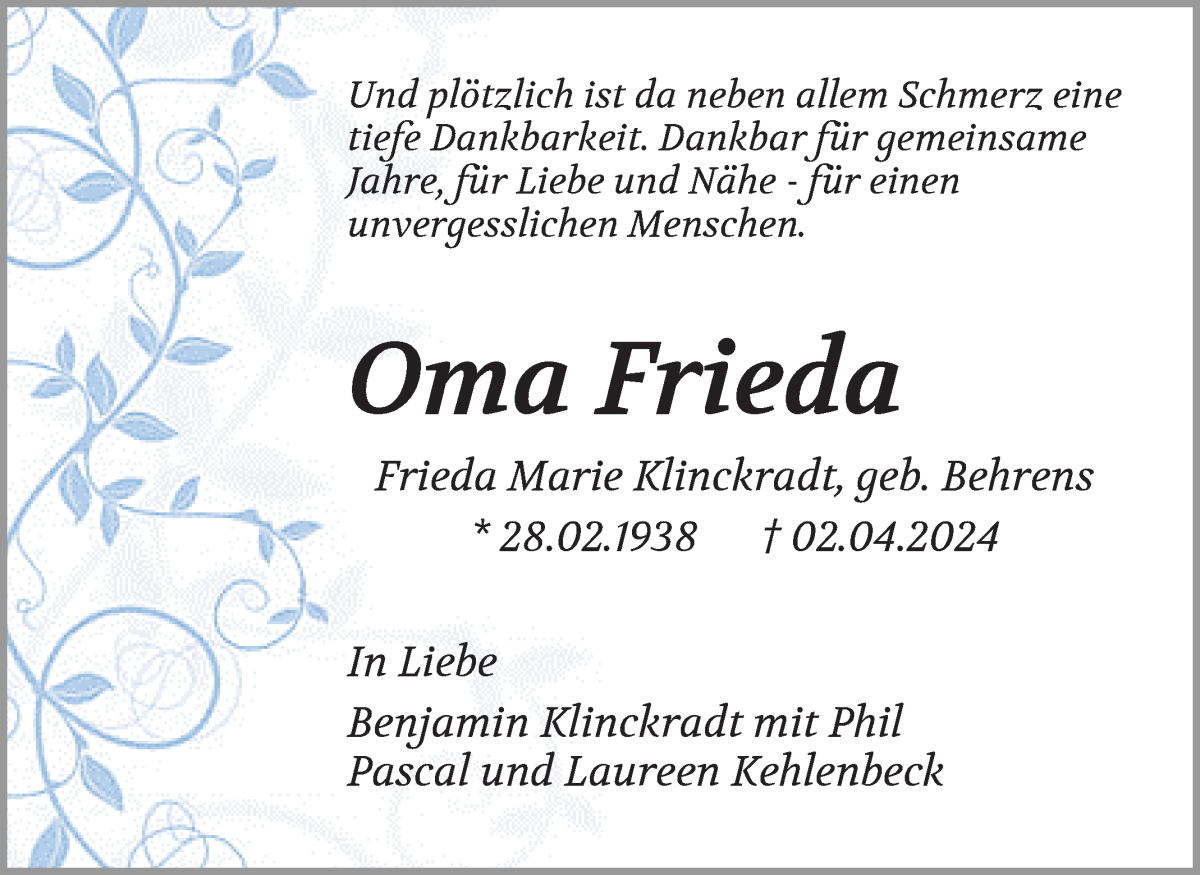  Traueranzeige für Frieda Klinckradt vom 06.04.2024 aus Wuemme Zeitung