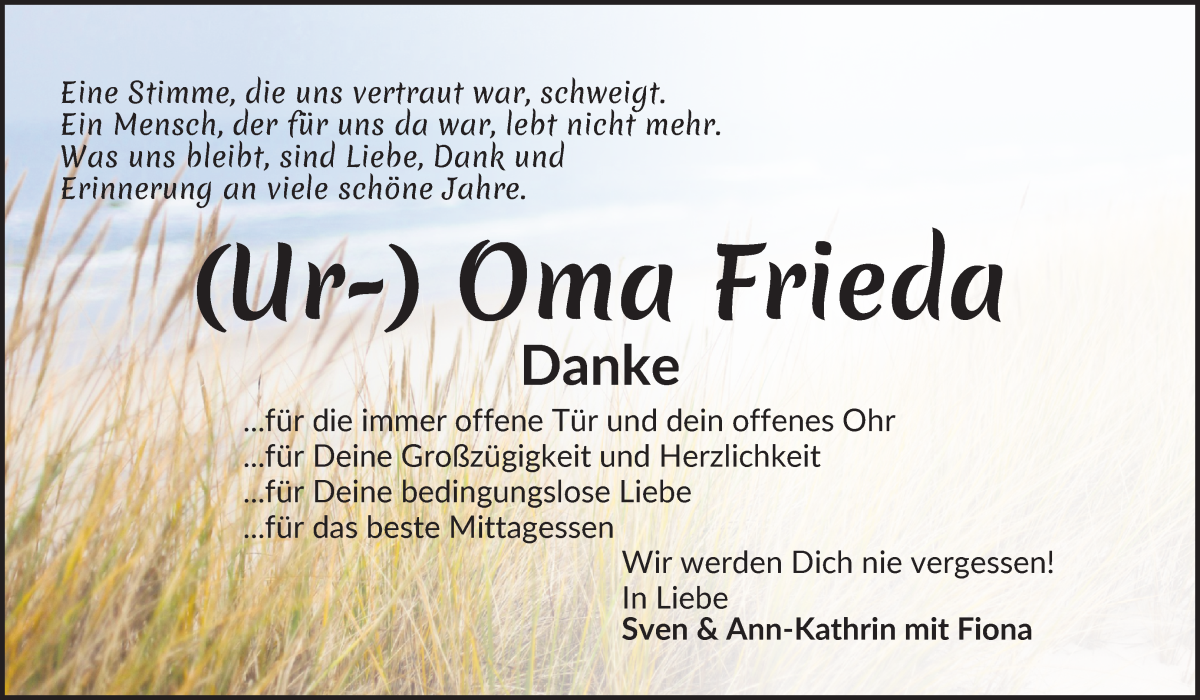  Traueranzeige für Frieda Klinckradt vom 06.04.2024 aus Wuemme Zeitung