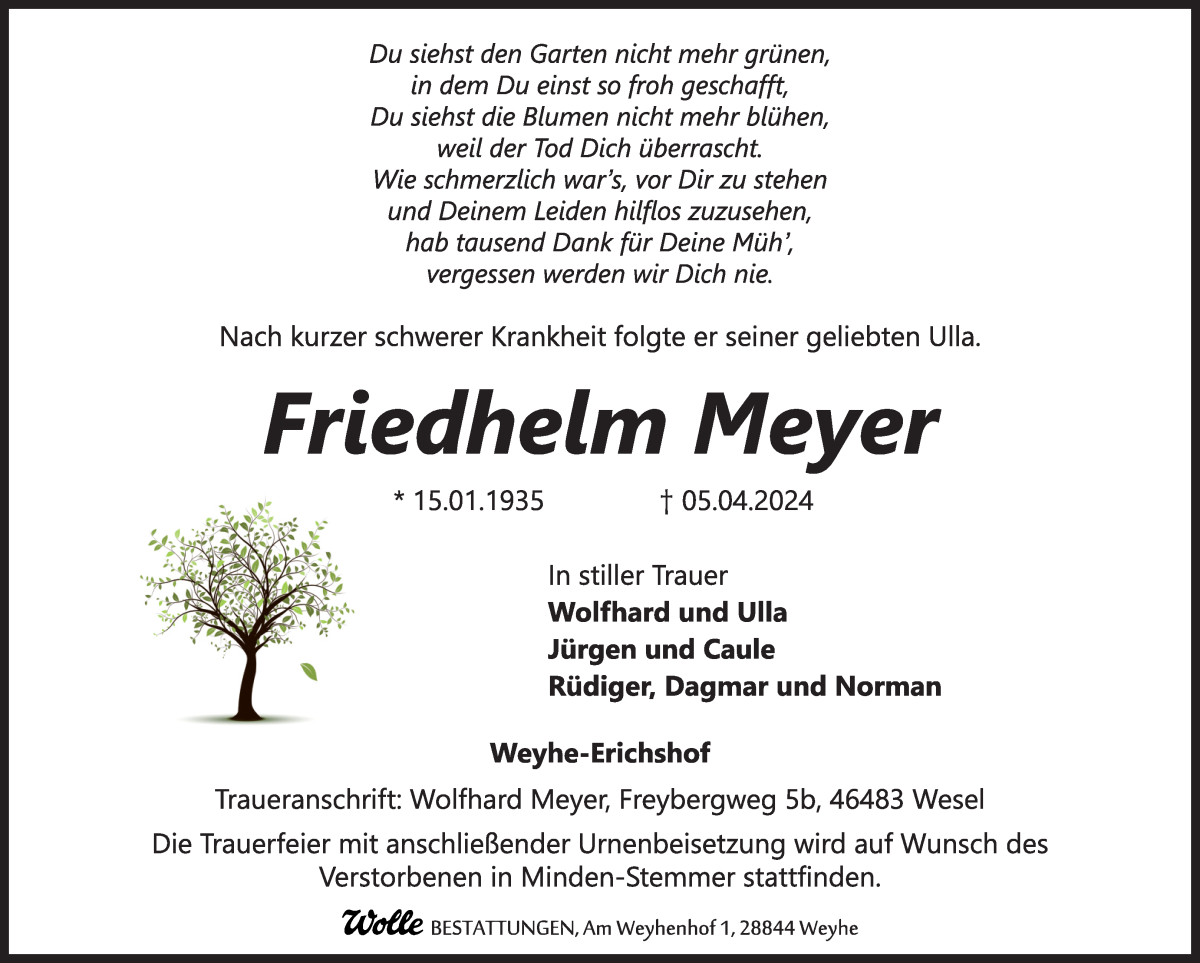 Traueranzeige von Friedhelm Meyer von WESER-KURIER