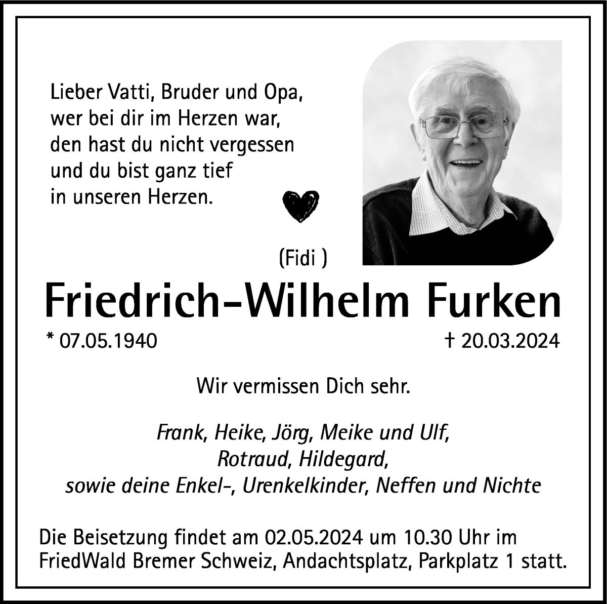Traueranzeige von Friedrich-Wilhelm Furken von Die Norddeutsche