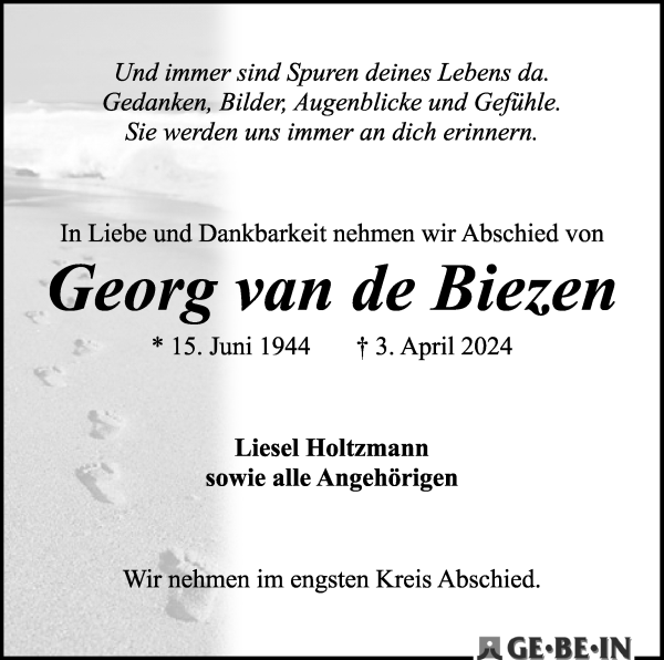 Traueranzeige von Georg Van de Biezen von WESER-KURIER