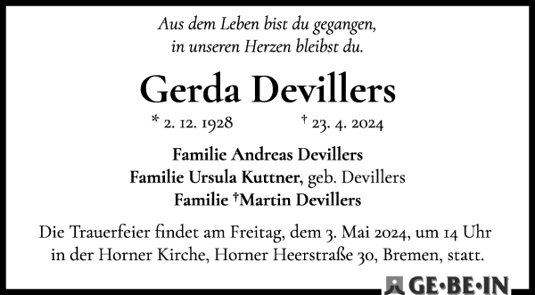 Traueranzeige von Gerda Devillers von WESER-KURIER