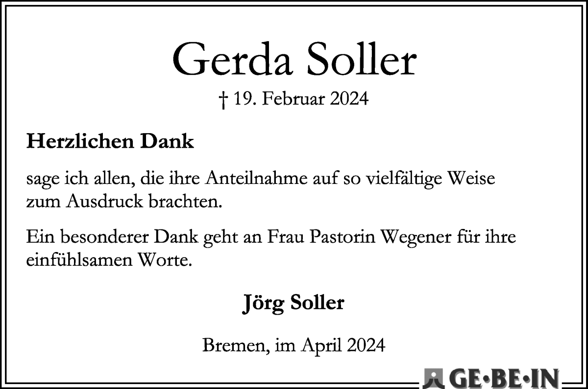 Traueranzeige von Gerda Soller von WESER-KURIER