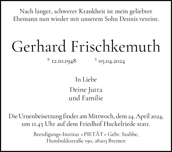 Traueranzeige von Gerhard Frischkemuth von WESER-KURIER