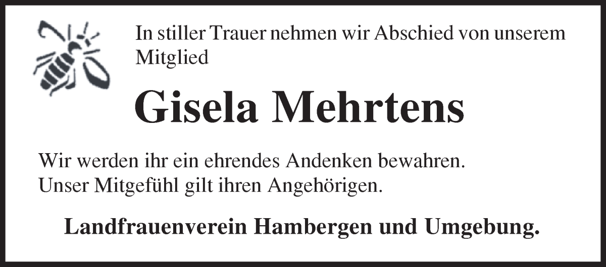 Traueranzeige von Gisela Mehrtens von Osterholzer Kreisblatt