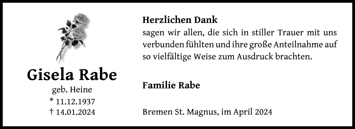 Traueranzeige von Gisela Rabe von Die Norddeutsche