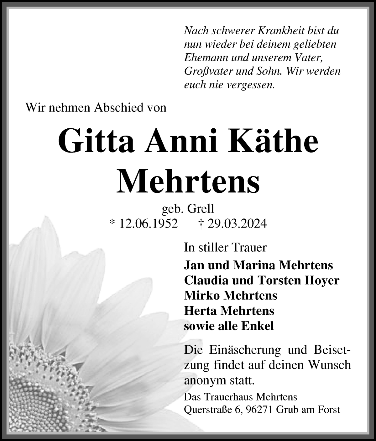 Traueranzeige von Gitta Anni Käthe Mehrtens von Wuemme Zeitung