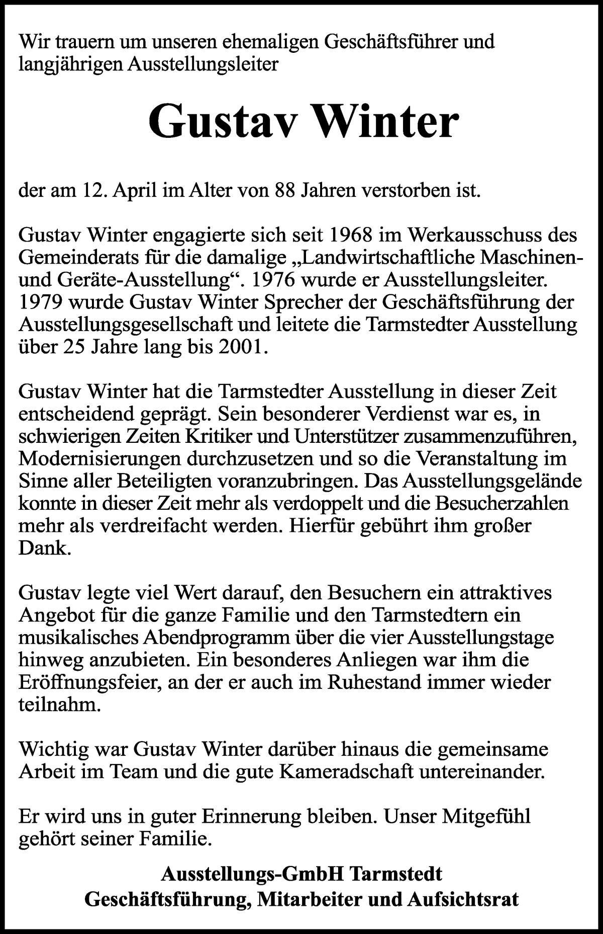 Traueranzeige von Gustav Winter von Wuemme Zeitung