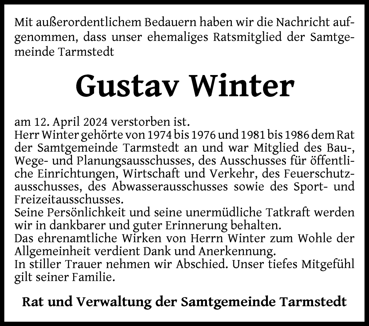 Traueranzeige von Gustav Winter von Wuemme Zeitung