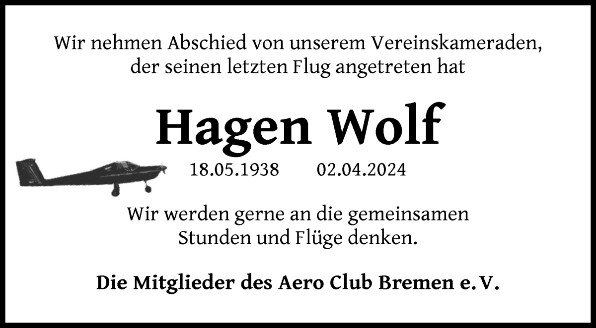 Traueranzeige von Hagen Wolf von WESER-KURIER