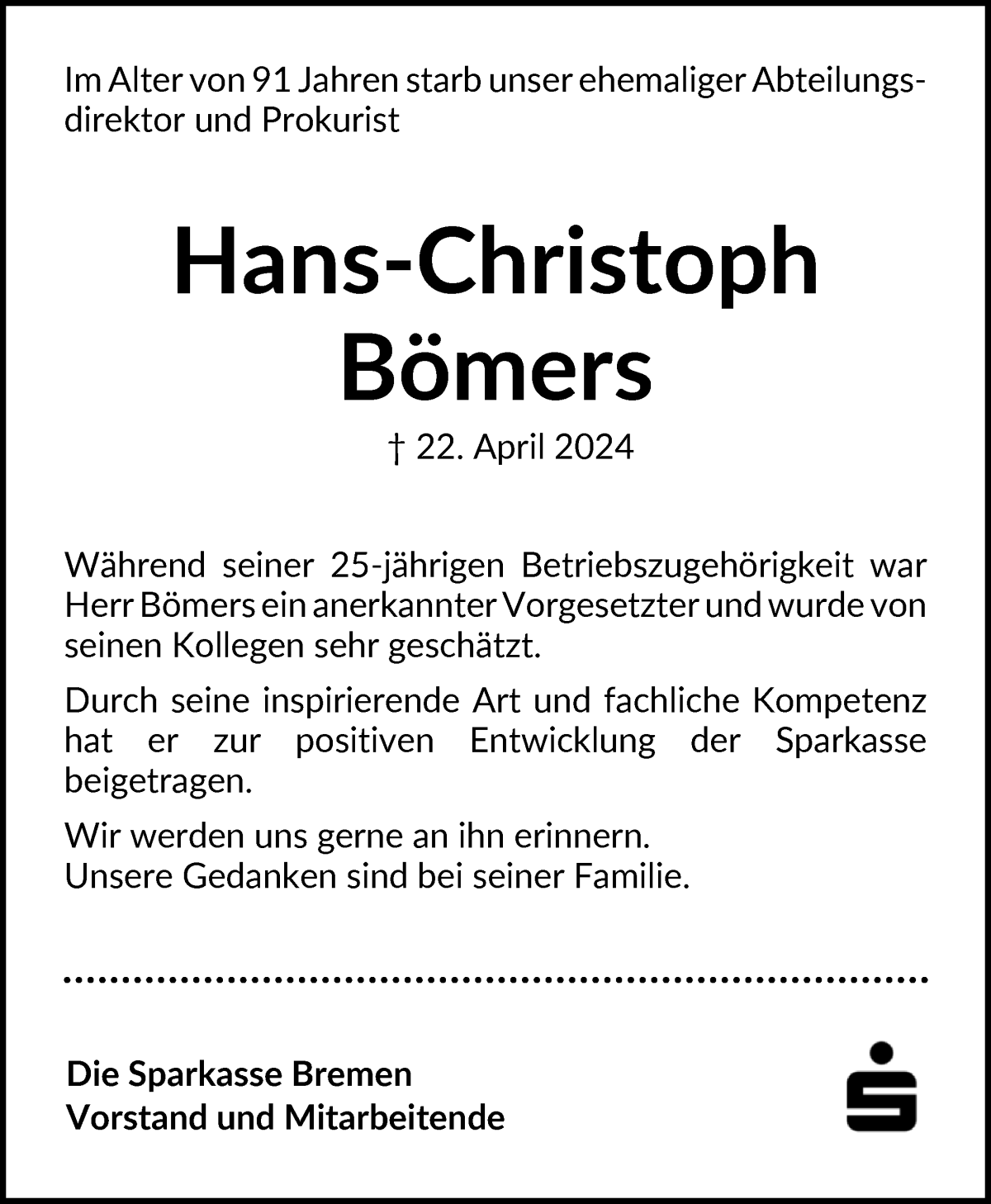 Traueranzeige von Hans-Christoph Bömers von WESER-KURIER