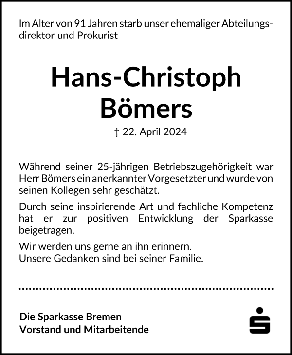 Traueranzeige von Hans-Christoph Bömers
