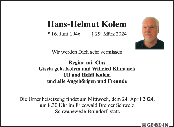 Traueranzeige von Hans-Helmut Kolem von WESER-KURIER