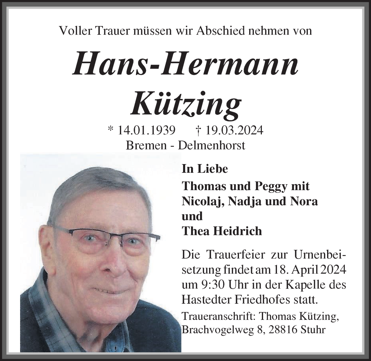 Traueranzeige von Hans-Hermann Kützing von WESER-KURIER