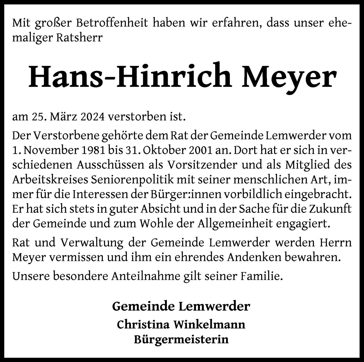 Traueranzeige von Hans-Hinrich Meyer von Die Norddeutsche