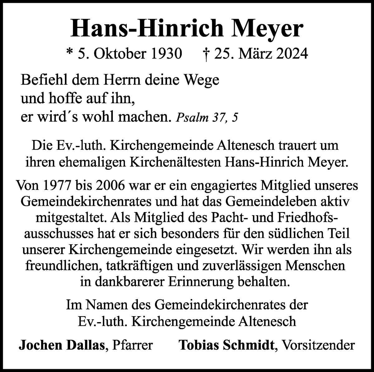 Traueranzeige von Hans-Hinrich Meyer von Die Norddeutsche