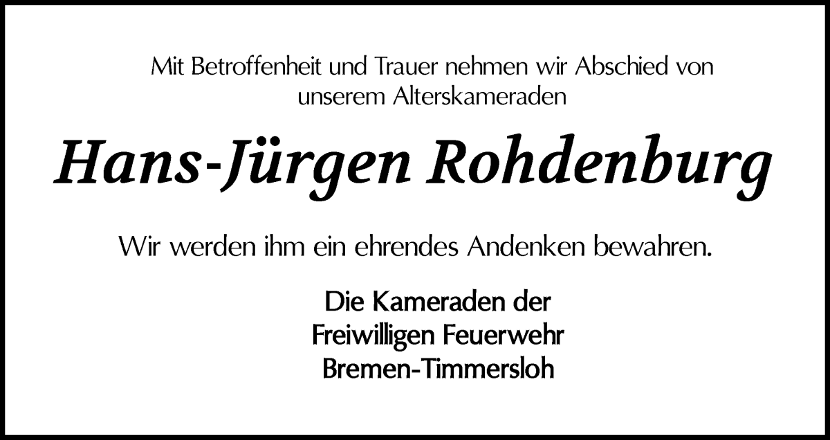 Traueranzeige von Hans-Jürgen Rohdenburg von Wuemme Zeitung