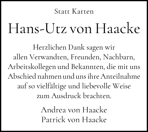 Traueranzeige von Hans-Utz von Haacke