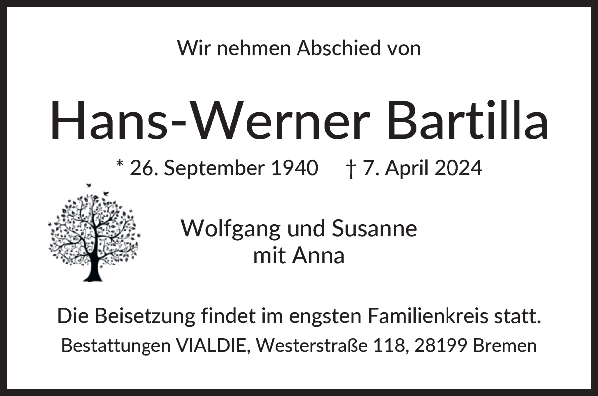 Traueranzeige von Hans-Werner Bartilla von WESER-KURIER