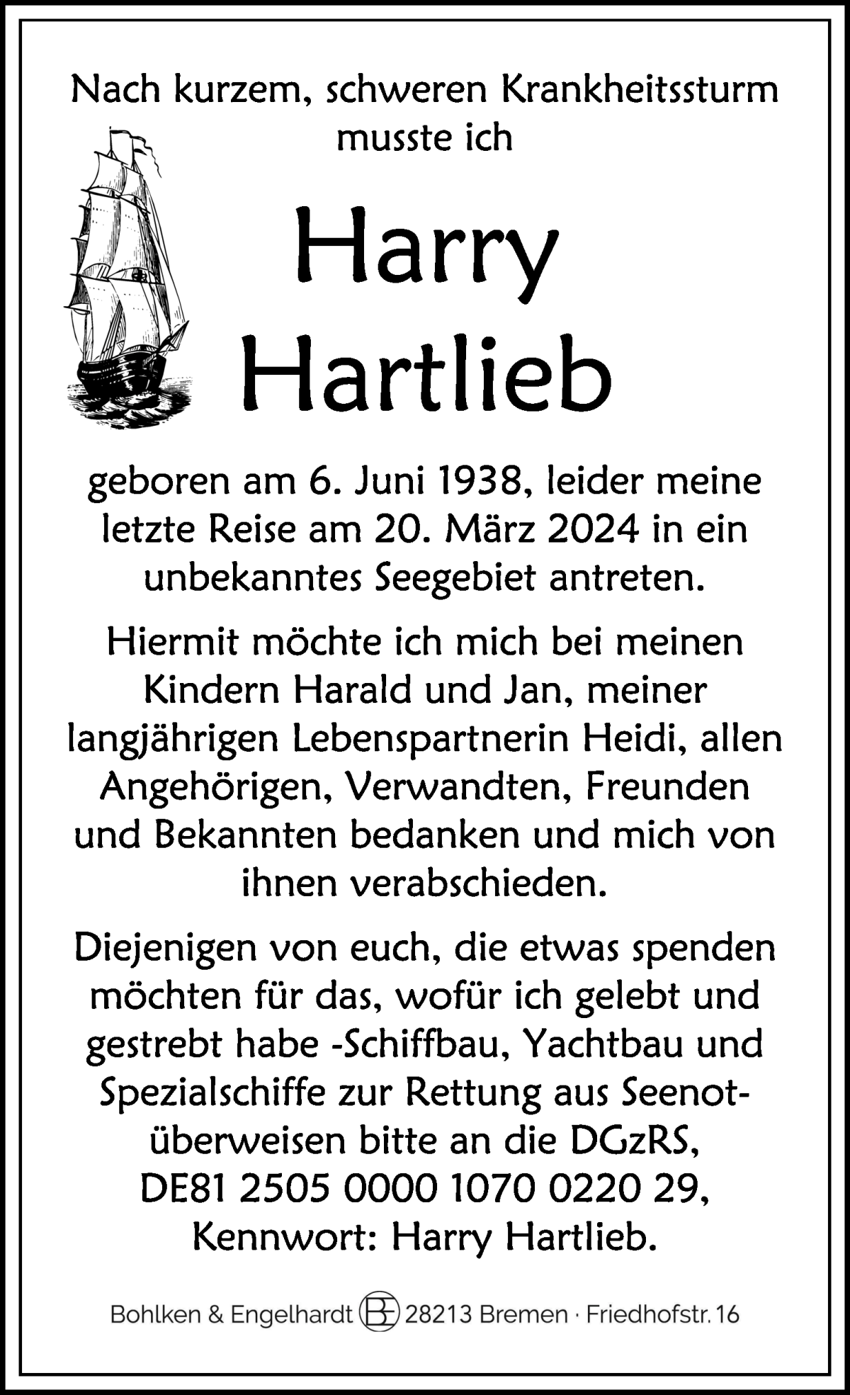 Traueranzeige von Harry Hartlieb von Die Norddeutsche