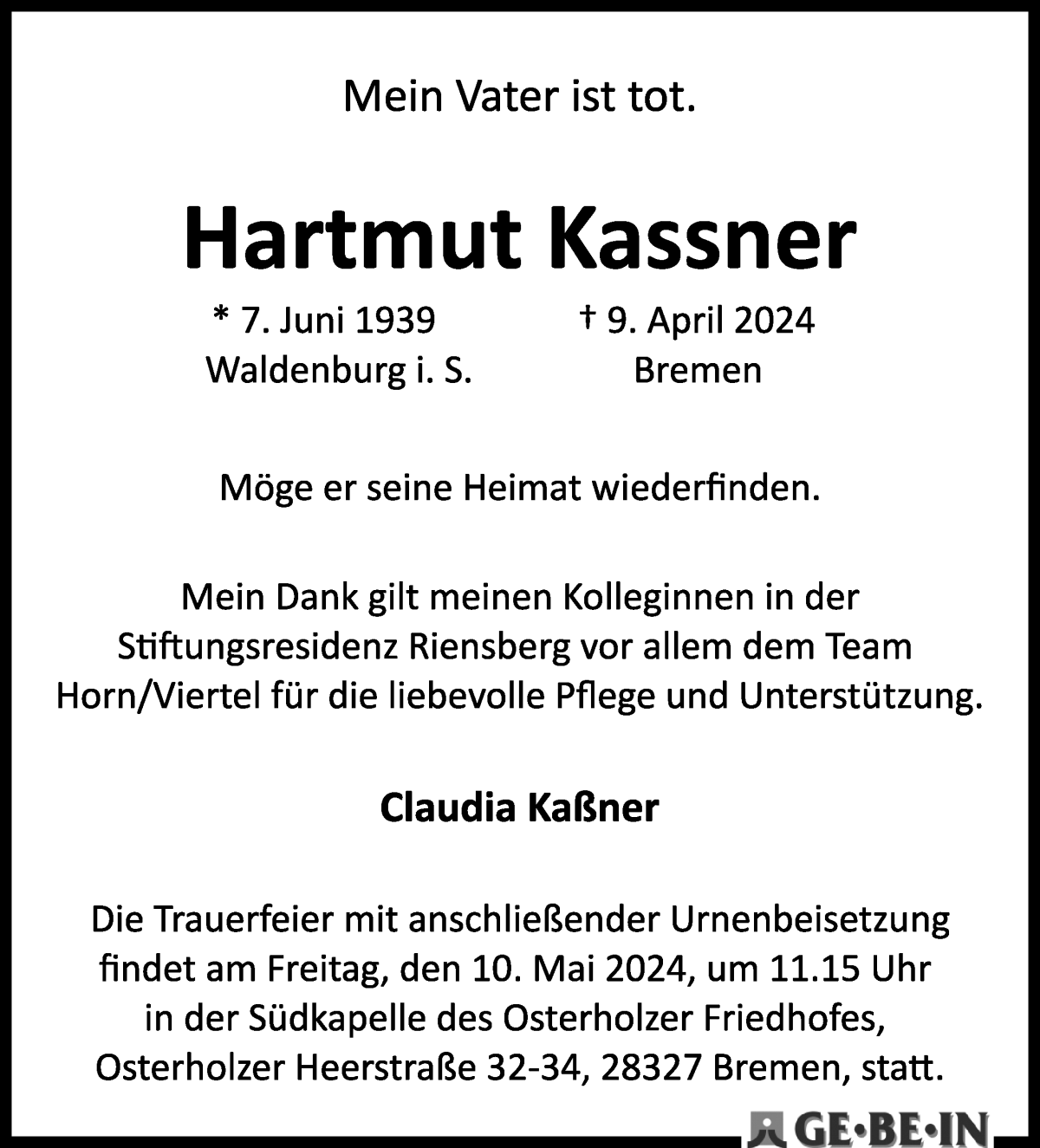 Traueranzeige von Hartmut Kassner von WESER-KURIER