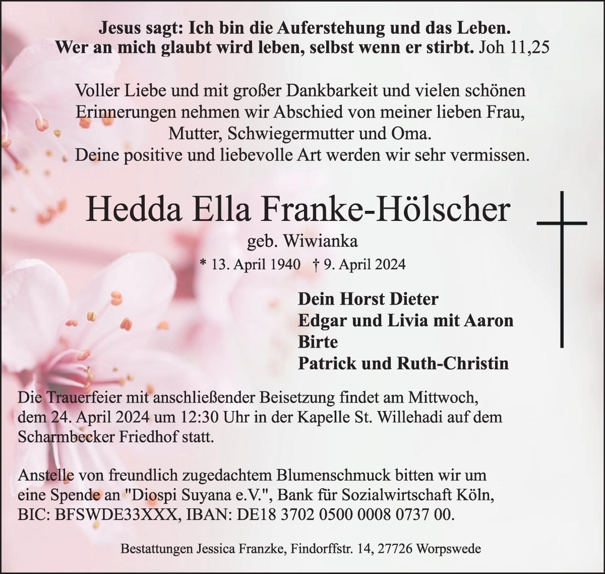Traueranzeige von Hedda Franke-Hölscher von Osterholzer Kreisblatt