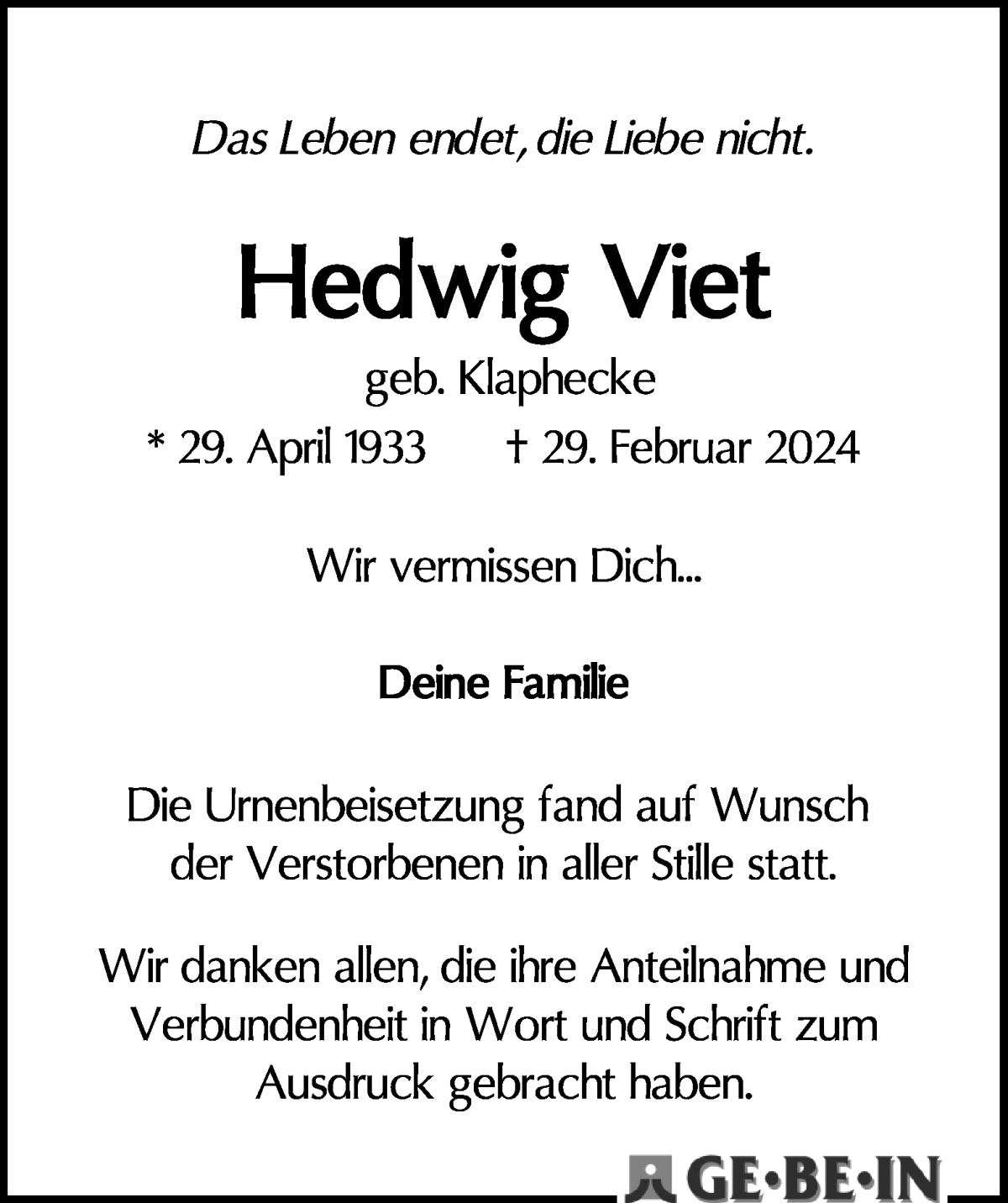  Traueranzeige für Hedwig Viet vom 06.04.2024 aus WESER-KURIER