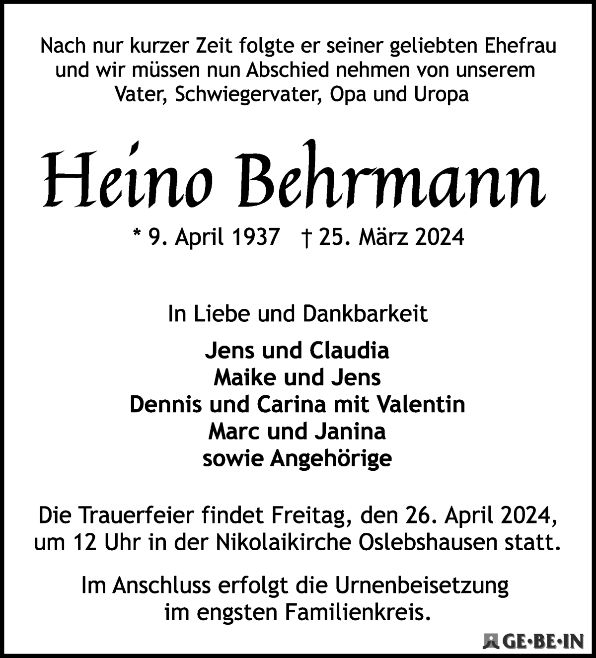 Traueranzeige von Heino Behrmann von WESER-KURIER