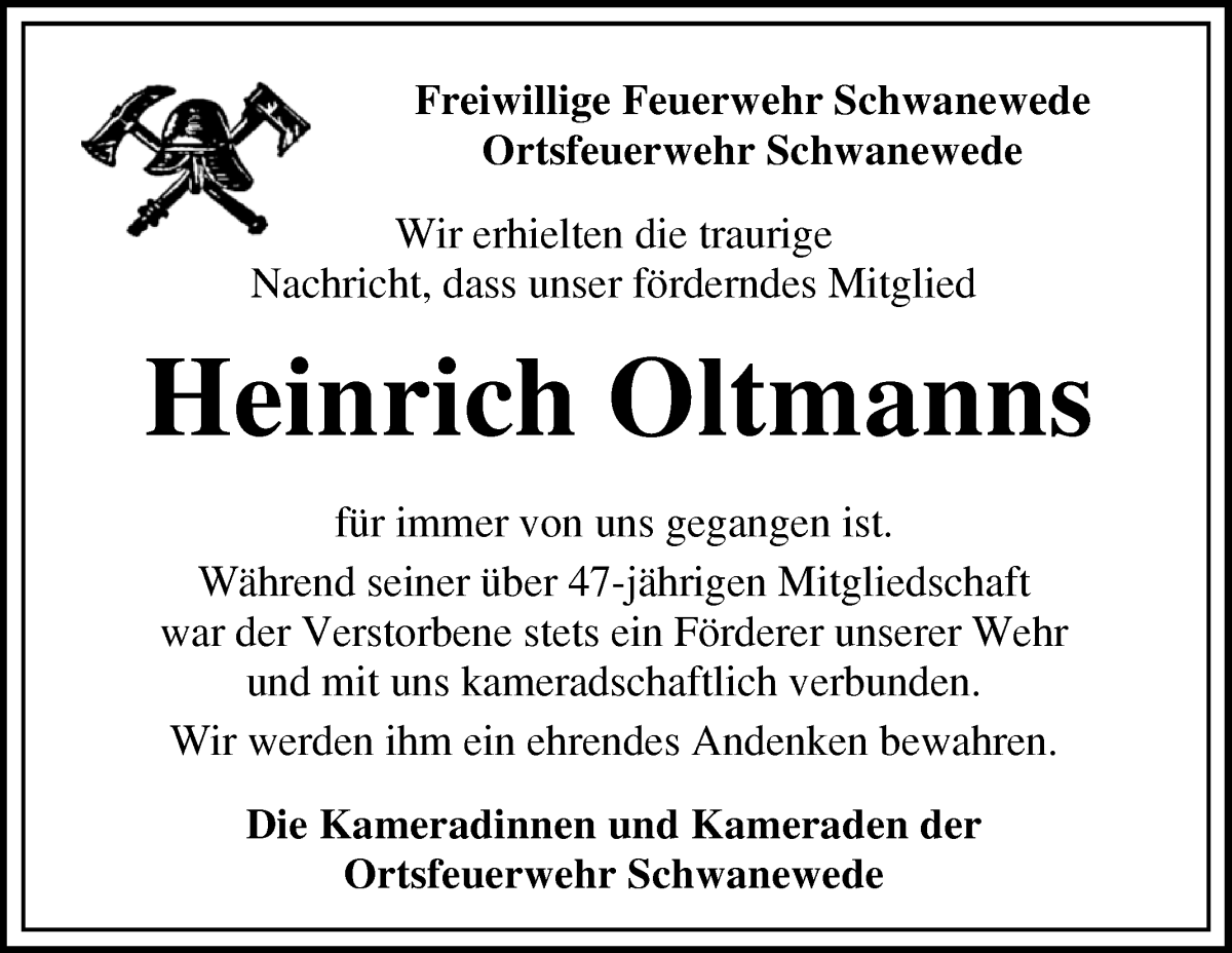 Traueranzeige von Heinrich Oltmanns von Die Norddeutsche