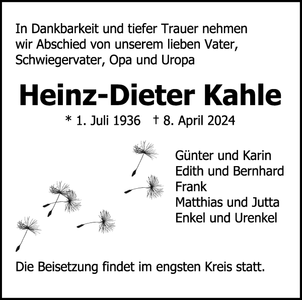 Traueranzeige von Heinz-Dieter Kahle von WESER-KURIER