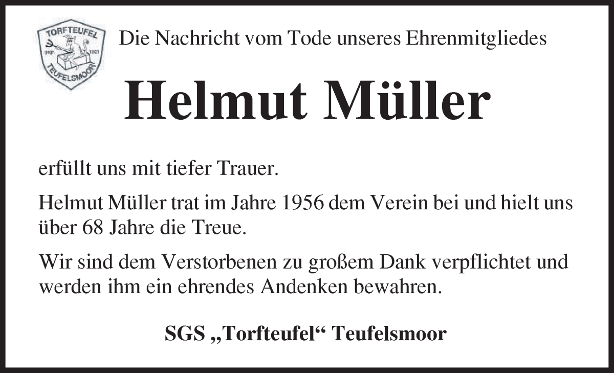 Traueranzeige von Helmut Müller von Osterholzer Kreisblatt