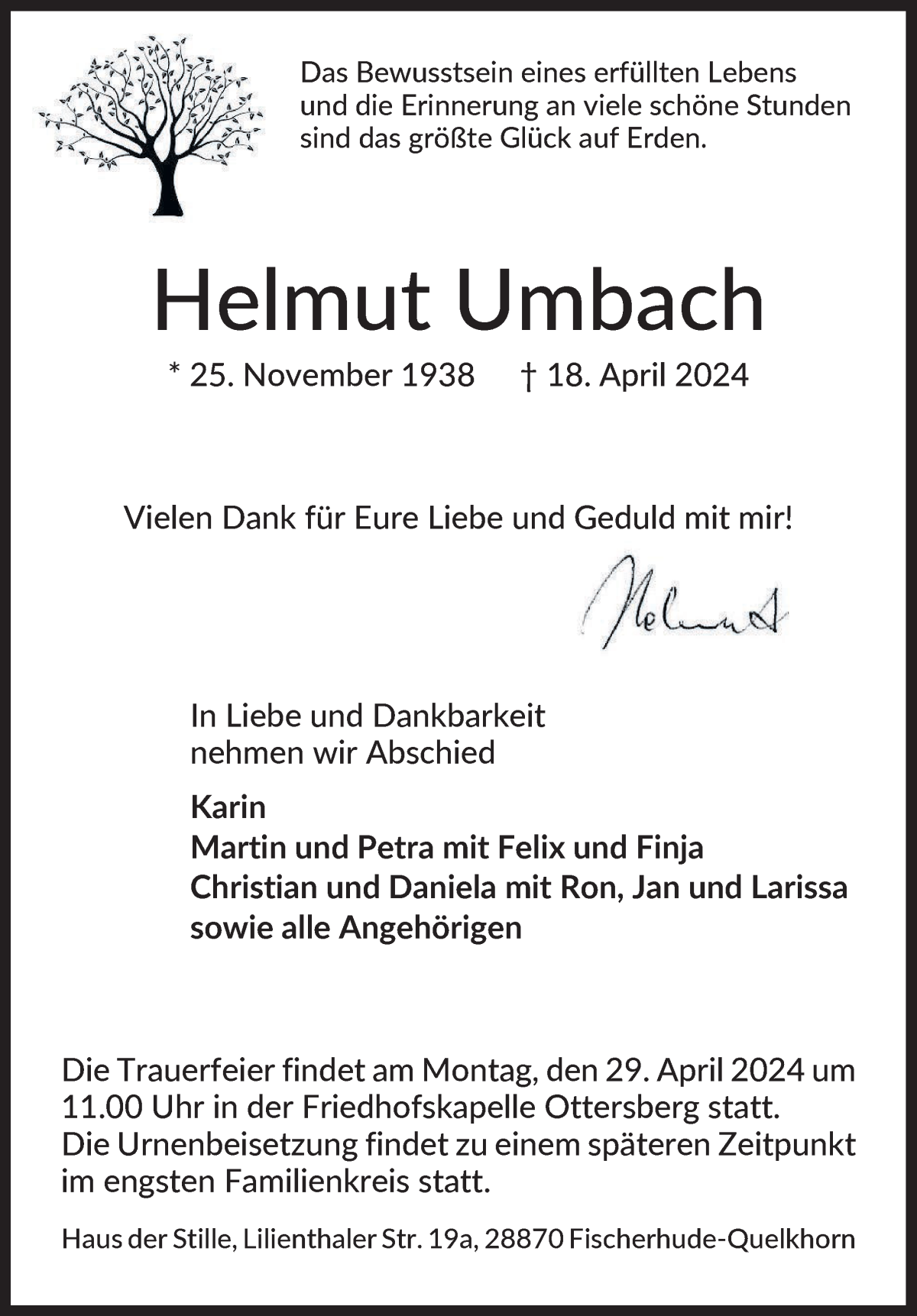 Traueranzeige von Helmut Umbach von WESER-KURIER