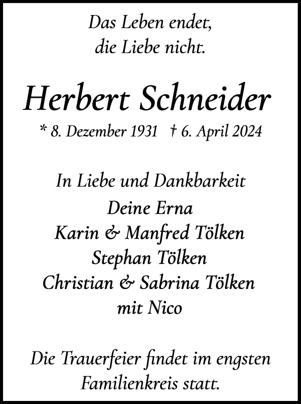 Traueranzeige von Herbert Schneider von WESER-KURIER