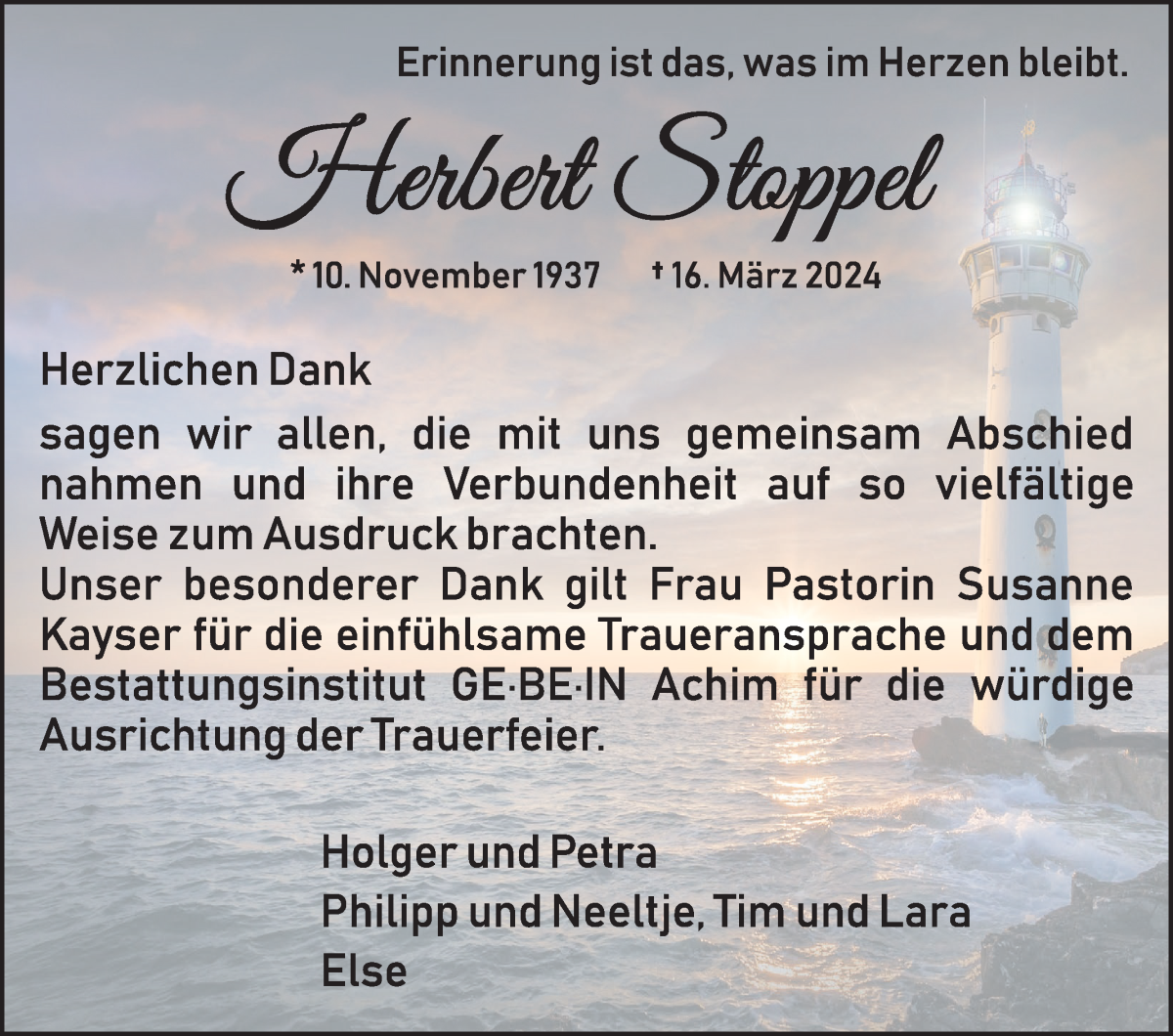 Traueranzeige von Herbert Stoppel von WESER-KURIER