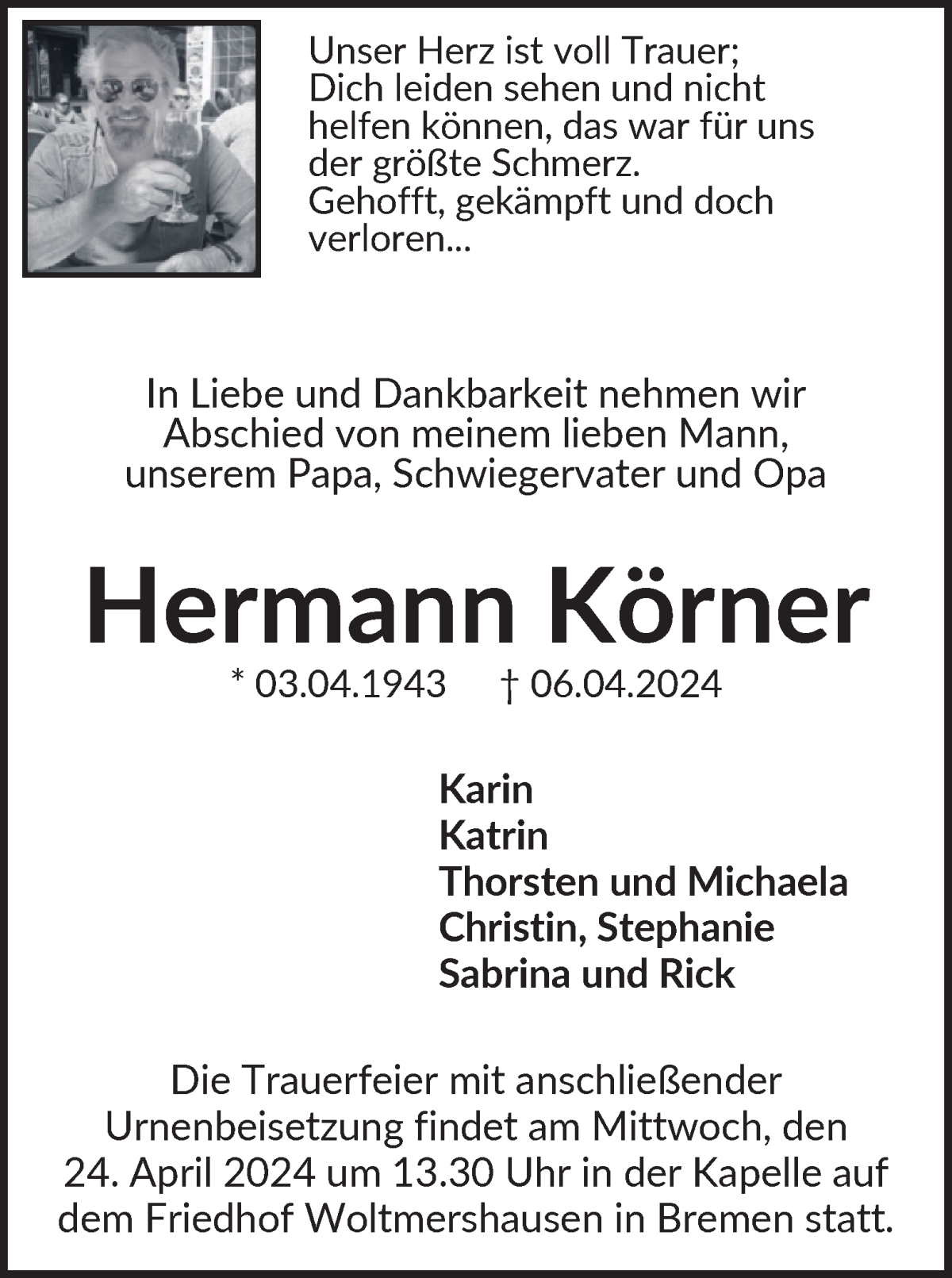 Traueranzeige von Hermann Körner von WESER-KURIER
