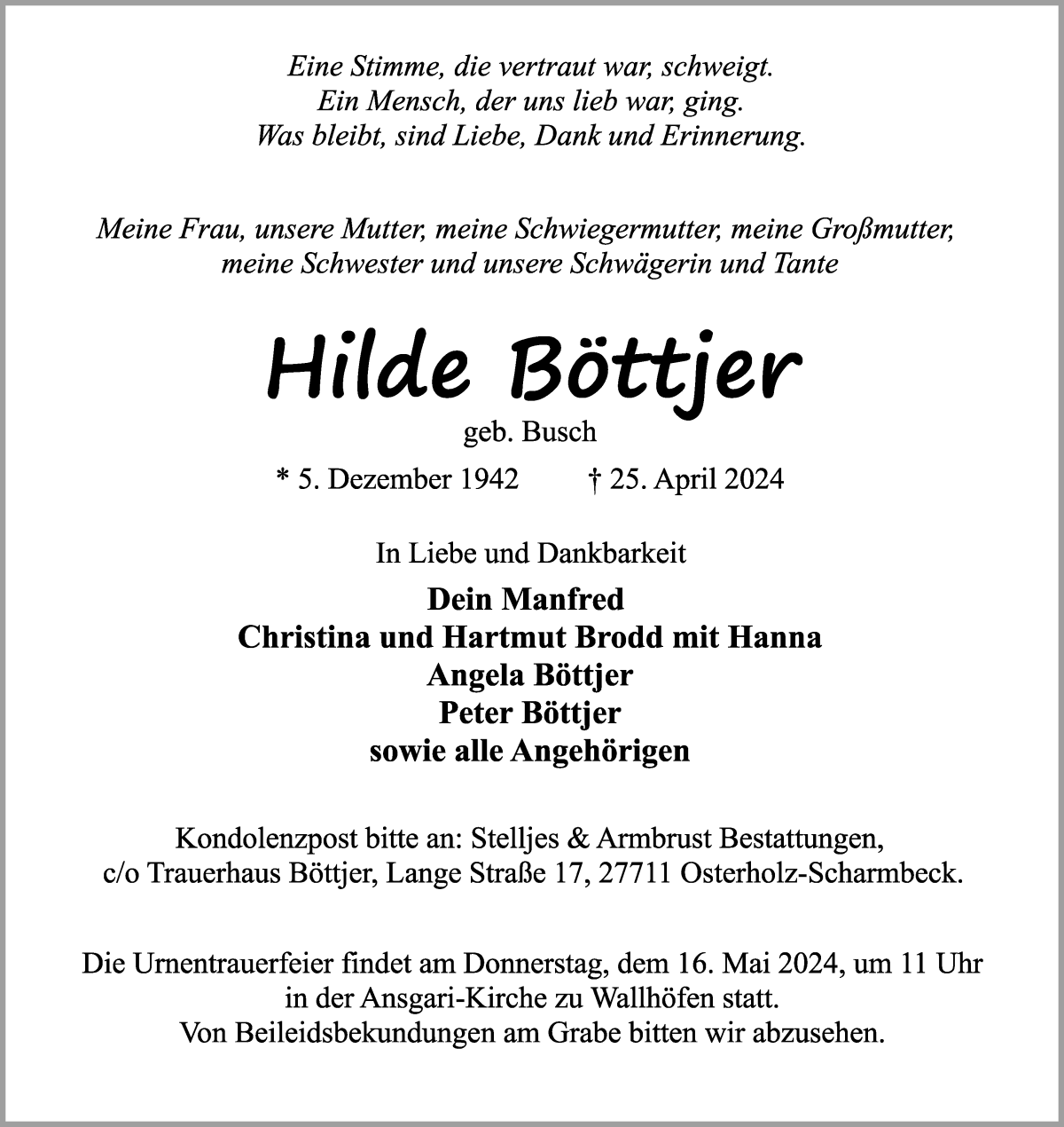 Traueranzeige von Hilde Böttjer von Osterholzer Kreisblatt
