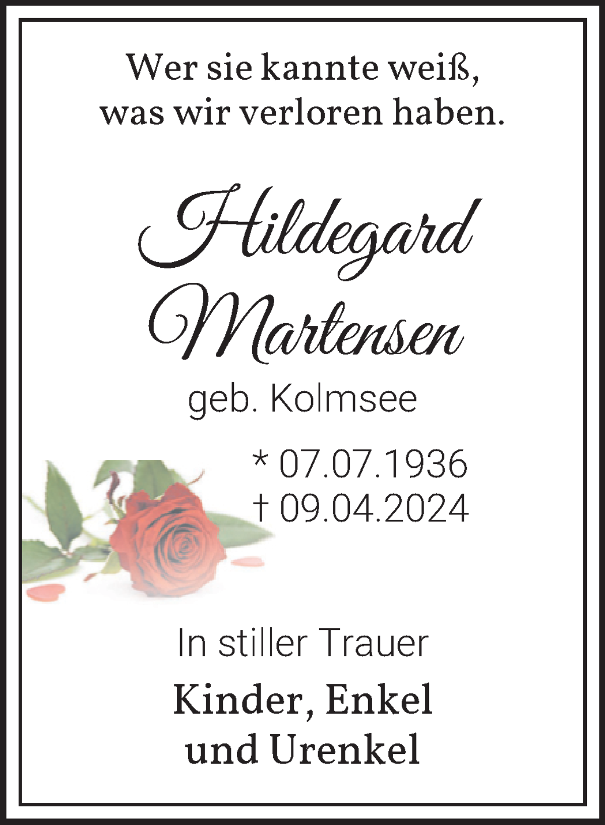 Traueranzeige für Hildegard Martensen vom 13.04.2024 aus WESER-KURIER