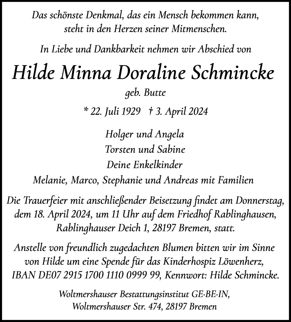 Traueranzeige von Hilde Minna Doraline Schmincke von WESER-KURIER