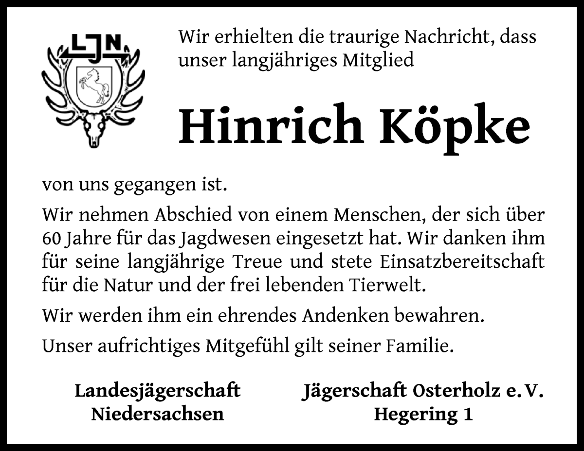 Traueranzeige von Hinrich Köpke von Die Norddeutsche