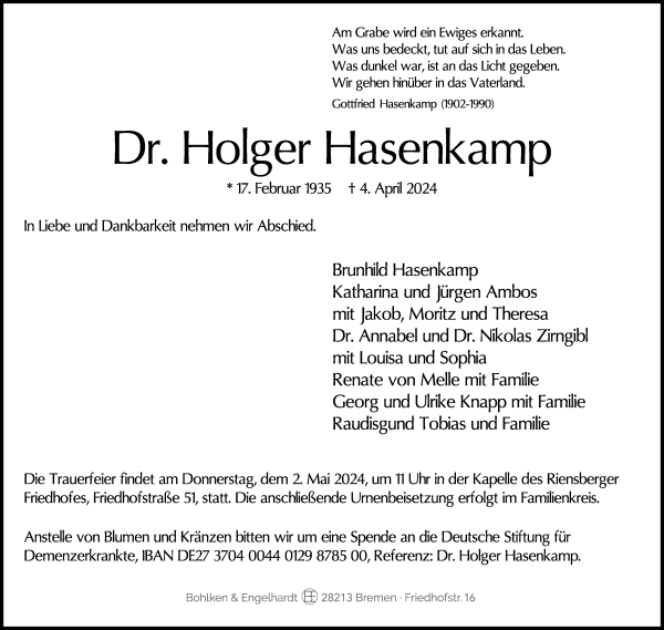 Traueranzeige von Holger Hasenkamp